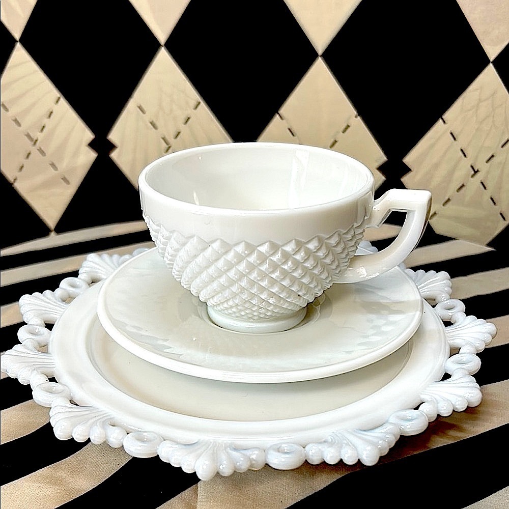 Milk‎ Glass Cup, Saucer & Lace-Edged Bread Plate Trio – Romantic Textured Design